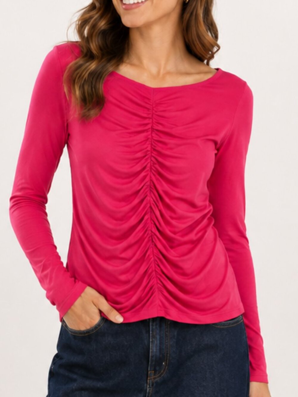 J. Crew NEW Dragonfruit Pink Ruched Matte Jersey Knit Stretch Top SZ Large